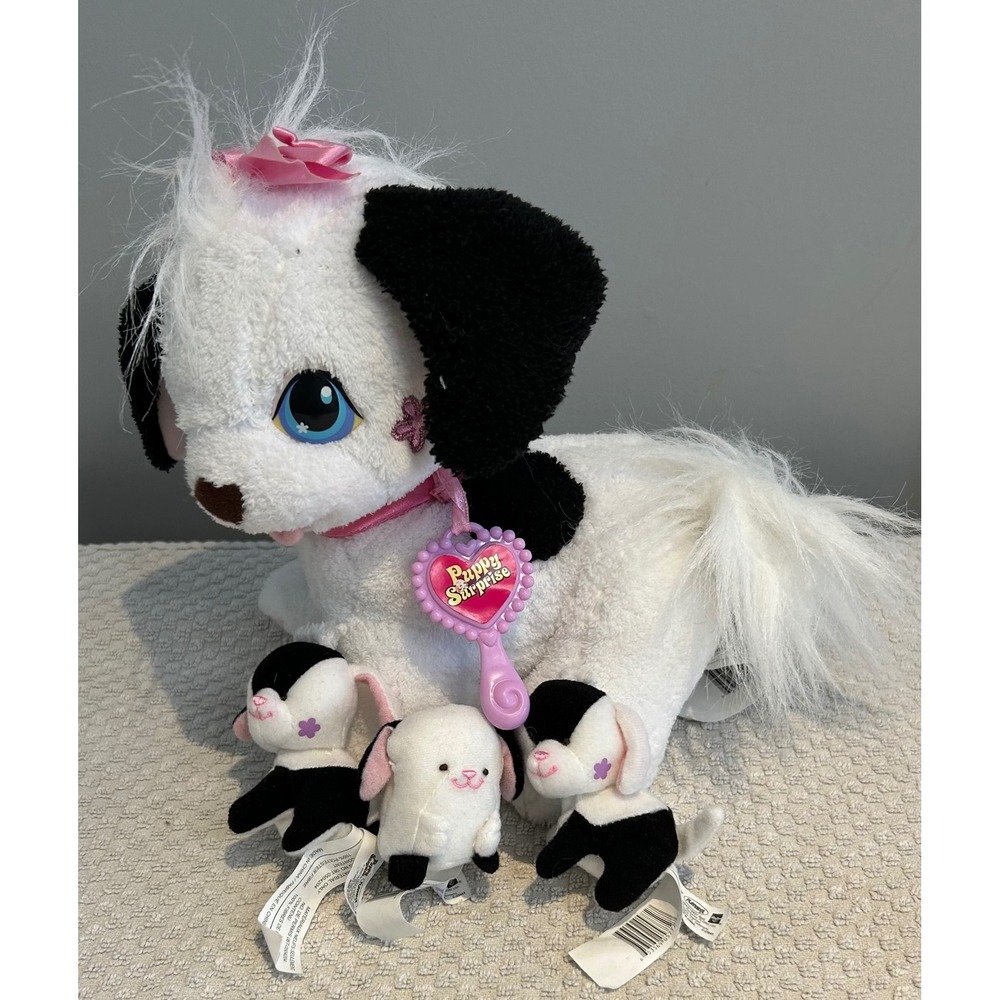 PUPPY SURPRISE WHITE & BLACK MUM & BABY PLUSH TOY DOG-2005-ED KAPLAN/HASBRO